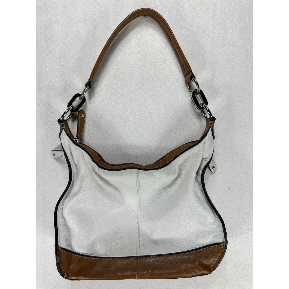 Tignanello Leather Hobo Bag White Brown Colorblock Chain Shoulder Bag Womens